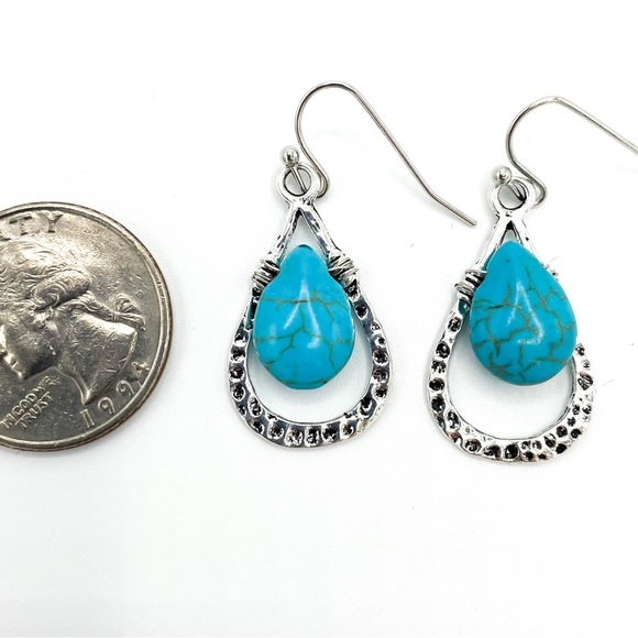 Boho Chic Festival Faux Turquoise and silver tone dangle earrings - Picture 3 of 6
